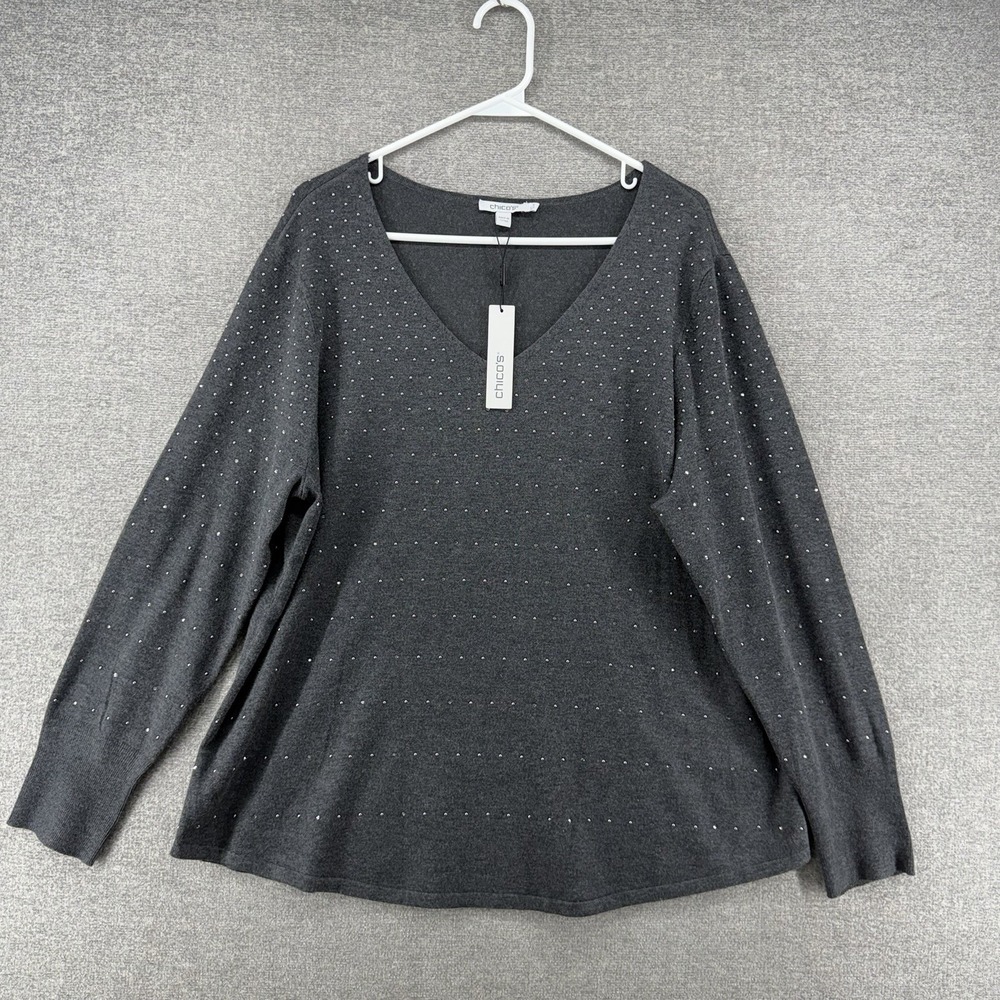 Chicos Scattered Sequin Pullover Sweater Graphic Heather Gray Women Sz 3 NEW $79